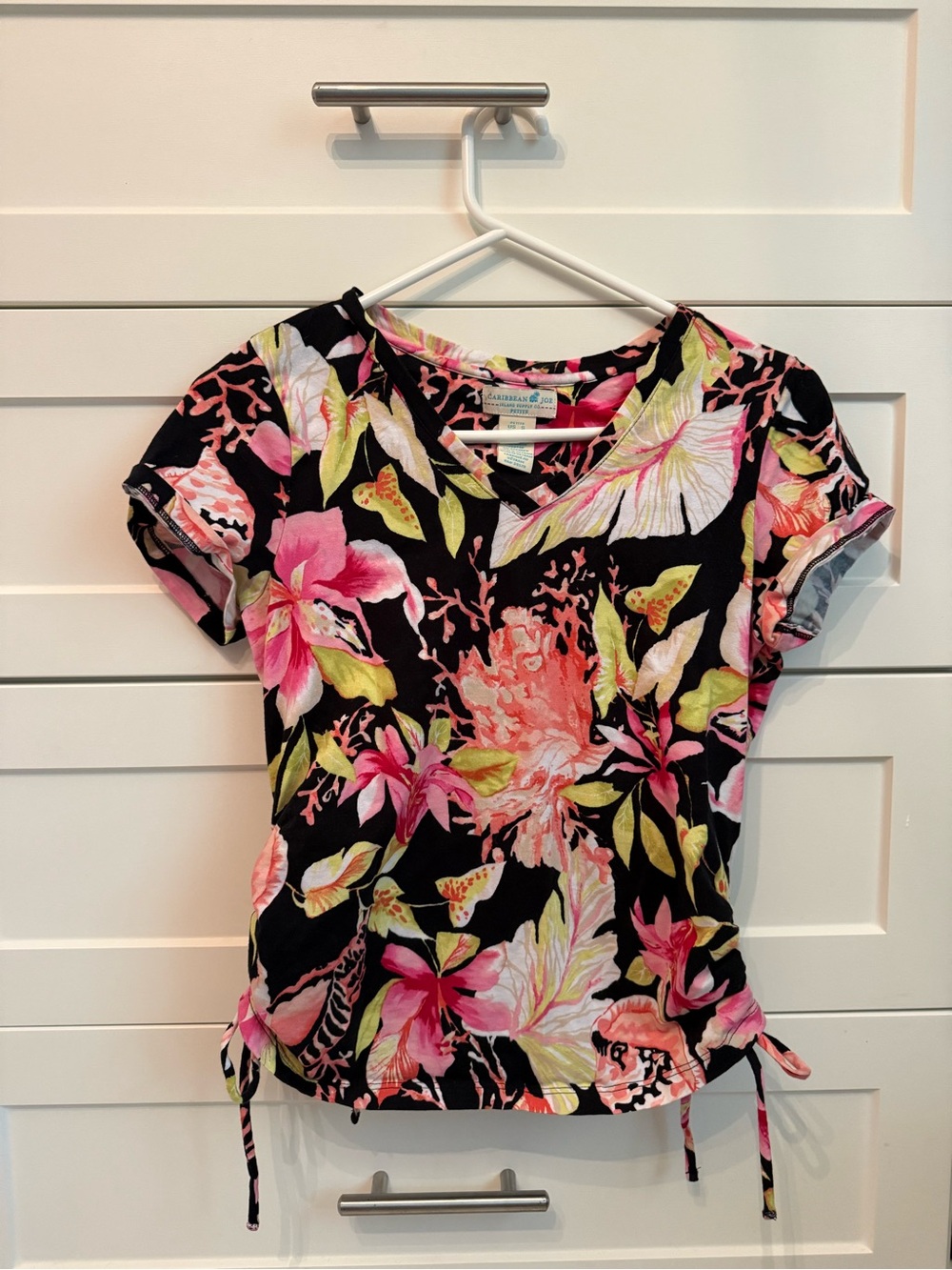 Caribbean Joe Black Floral V-Neck Short Sleeve Top with Pink & Green Accents